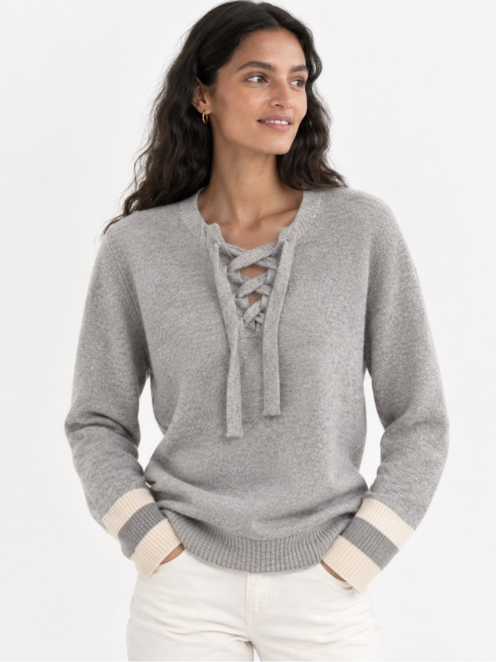 NWT White + Warren Lace Up V-Neck 100% Cashmere Sweater